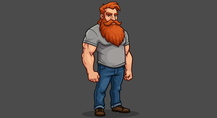 Strong Muscular Man with Long Red Beard - Digital Illustration