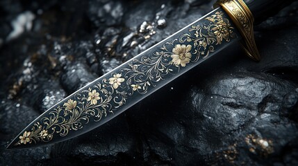 Ornate decorative dagger on dark stone