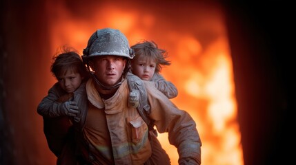 Heroic firefighter in full protective gear carrying equipment