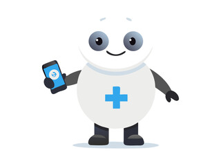 Cute humanoid robot illustration holding balloon with warm playful pose and minimal color palette