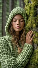 Cozy young woman with long brown hair in warm sweater