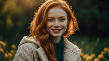 Portrait of spectacular adorable ginger girl with lovely smile enjoying happy mood staying outdoor in sunshines. Unique irish beauty. Close-up.
