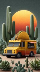 Vibrant yellow taco truck with red and orange accents
