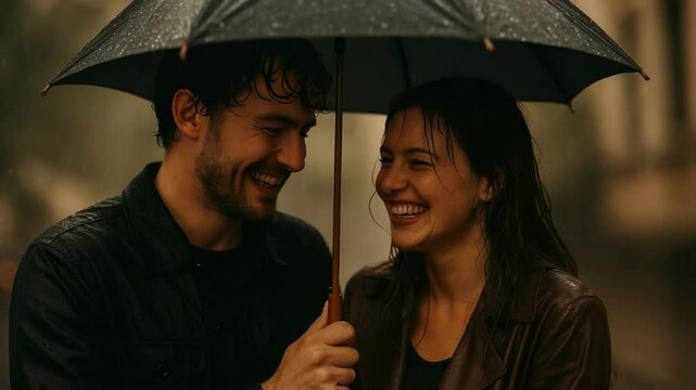 Happy couple shares joyful moment under umbrella during rainy day walk in the city