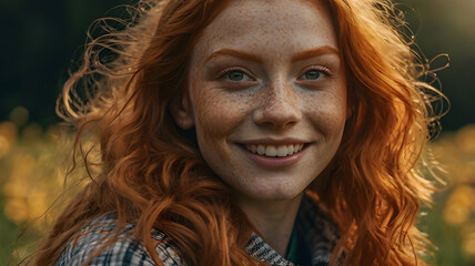Portrait of spectacular adorable ginger girl with lovely smile enjoying happy mood staying outdoor in sunshines. Unique irish beauty. Close-up.
