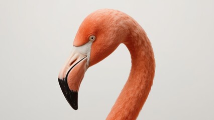 Close-up of a flamingo's head and neck against a plain white background.