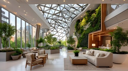Fototapeta premium Modern lobby atrium featuring natural greenery high resolution photo