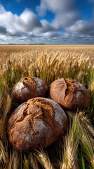 Rustic artisan bread loaves with golden wheat background