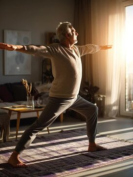 Elderly Man Practicing Yoga in Warrior Pose at Home