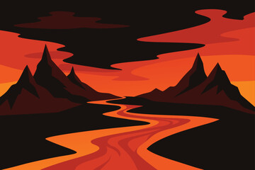 Volcanic Landscape with Lava Rivers and Dark Rocky Terrain