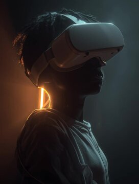 Silhouetted Youth Wearing VR Headset with Futuristic Glow