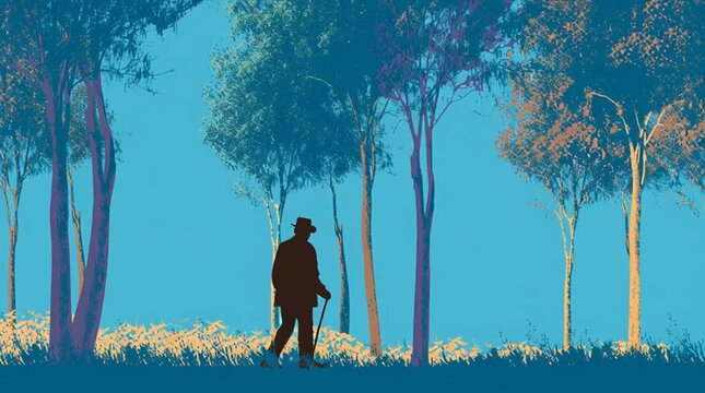 Silhouette of Elderly Man Walking Through Stylized Forest