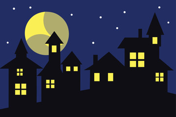 Silhouette Village with Moonlight and Glowing Windows