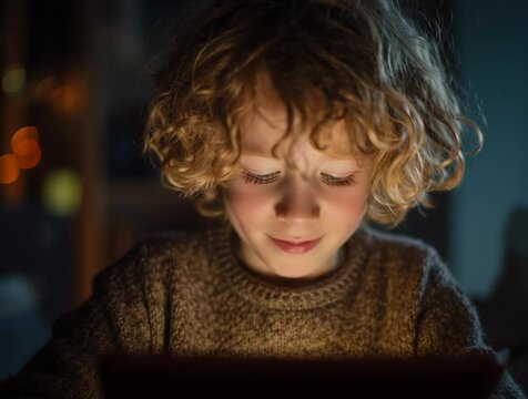 Child Watching Glowing Screen in Dimly Lit Room