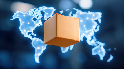 3D rendered cardboard box floating above digital world map, symbolizing global shipping and logistics. image conveys sense of connectivity and modern technology in commerce