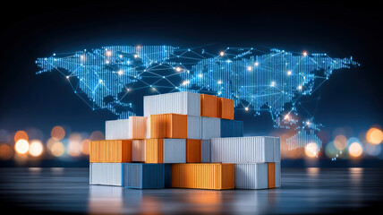 Efficient logistics and global trade are represented by stack of shipping containers against digital world map backdrop, symbolizing connectivity and commerce