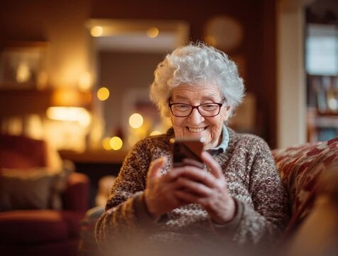 Elderly Woman Using Smartphone in Cozy Living Room