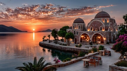 Obraz premium Seaside church landscape during evening glow high resolution photo
