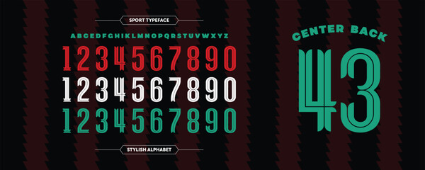 Center Back 43: bold striped typography inspired by classic jerseys in green, red, and white. Includes alphabet and numbers for creating sporty, custom uniform-style visuals.