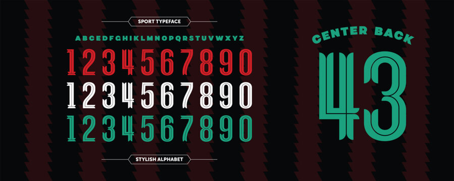 Center Back 43: bold striped typography inspired by classic jerseys in green, red, and white. Includes alphabet and numbers for creating sporty, custom uniform-style visuals.
