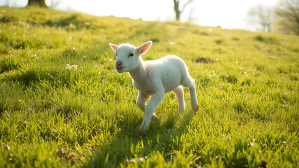 A playful young lamb runs joyfully through a lush green meadow under warm sunlight. This lively scene captures the essence of spring and rural life