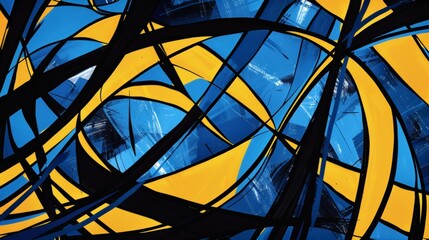 Abstract Art Background with Blue, Yellow, and Black Intersecting Lines