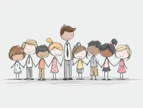 Hand-drawn illustration of diverse children holding hands with teacher