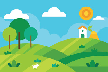 Cartoon Hills with Windmills and Grazing Sheep