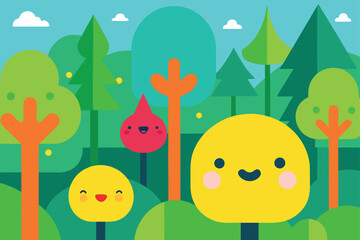 Cartoon Forest with Smiling Trees and Birds in Branches