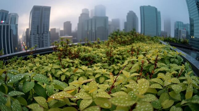Rain-covered rooftop garden with misty city skyline in background