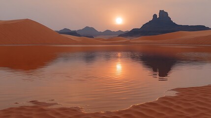 Obraz premium Desert sunrise reflecting in tranquil waters.