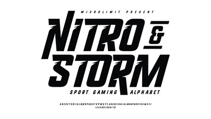 Nitro and Storm: a slanted modern sport typeface with strong motion and urban style. Includes full A–Z alphabet and numbers. Ideal for e-sports branding, race designs, and team apparel. © Haqqani Slab