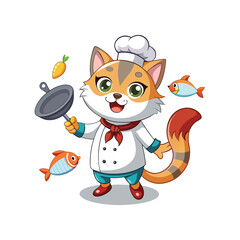 Cute Cat Chef Tossing Fish in Frying Pan Vector Illustration – Culinary Animal Character Cooking Food in Kitchen with White Background – Funny Cartoon Art