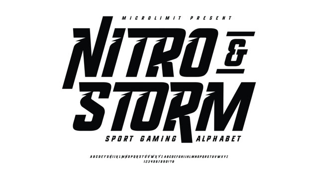Nitro and Storm: a slanted modern sport typeface with strong motion and urban style. Includes full A&ndash;Z alphabet and numbers. Ideal for e-sports branding, race designs, and team apparel.