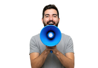 A man with a beard happily announces something through a blue megaphone isolated on transparent background