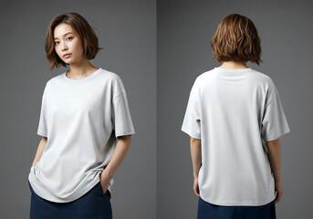 Asian woman wearing blank loose-fit T-shirt, front and back view for mockup