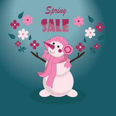 Funny Spring Sale Snowman with Flowers and Discount Symbols
