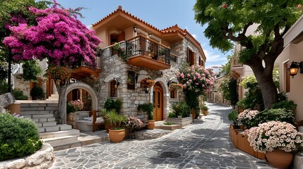 Traditional village alley with blooms high resolution photo