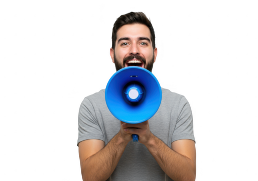 A man with a beard happily announces something through a blue megaphone isolated on transparent background