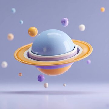 Glossy 3D Planet with Orange Rings and Floating Spheres