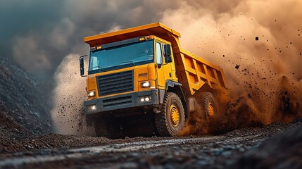 Powerful dump truck navigating rough terrain