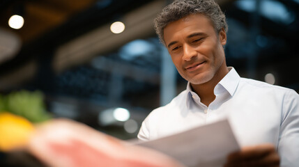 Fototapeta premium Shopper in Aisle Looking at Meat Package with Label and Displays