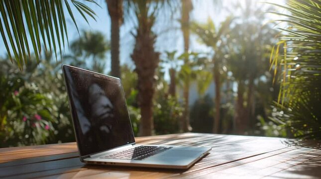 Laptop on Wooden Table in Sunlit Tropical Outdoor Setting