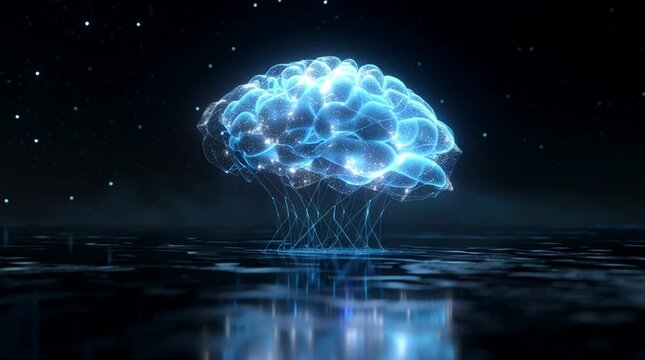 Glowing Digital Brain Floating in Futuristic Sci-Fi Space