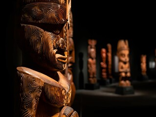 Intricately carved maori wooden statue with detailed swirling patterns and a striking facial expression