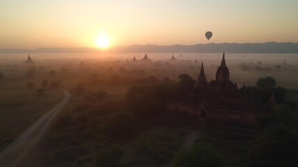 Obraz premium balloons sunrise over the temples of Bagan with mist and hot air epic