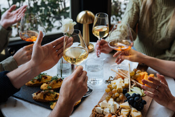 Friends having a dinner party with different kinds of appetizers and wine.