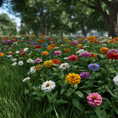 Fototapeta premium Vibrant Zinnia Flowerbed in a Lush Green Park Setting featuring a Colorful Array of Red Orange Yellow Pink Purple and White Blooms