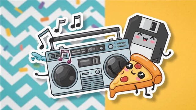 A cartoon graphic features a boombox floppy disk and pizza slice on split chevronyellow background