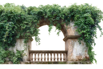 Watercolor Painting of an Overgrown Stone Archway with Balustrade Beige Tan Green Ivy Vines Rustic Romantic
